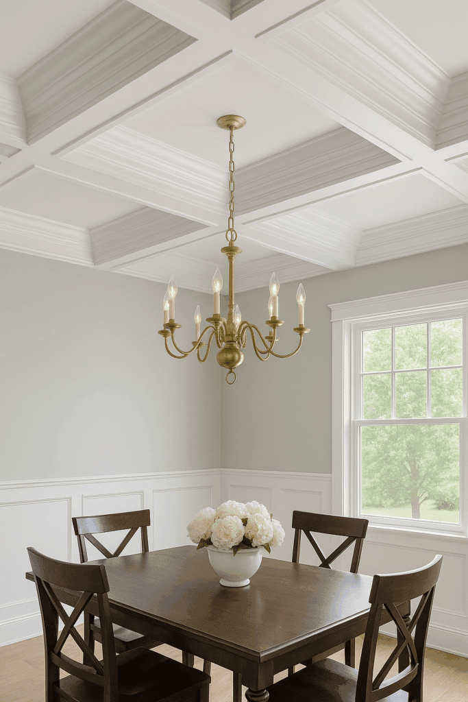 Traditional dining room with finish carpentry trim, chair rail molding, and wainscoting