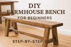 Finished rustic DIY farmhouse bench with natural wood grain in a cozy dining room Description: A simple DIY farmhouse bench project for beginners, perfect for dining rooms, entryways, or porches