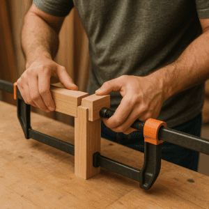 Woodworker clamping a glued mortise and tenon joint during glue curing vs drying time