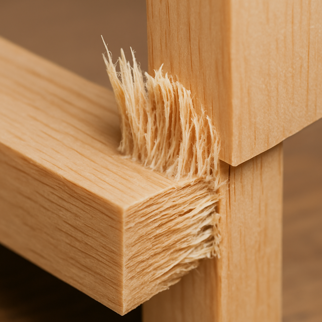 Macro shot of wood fibers torn from a joint after full glue curing
