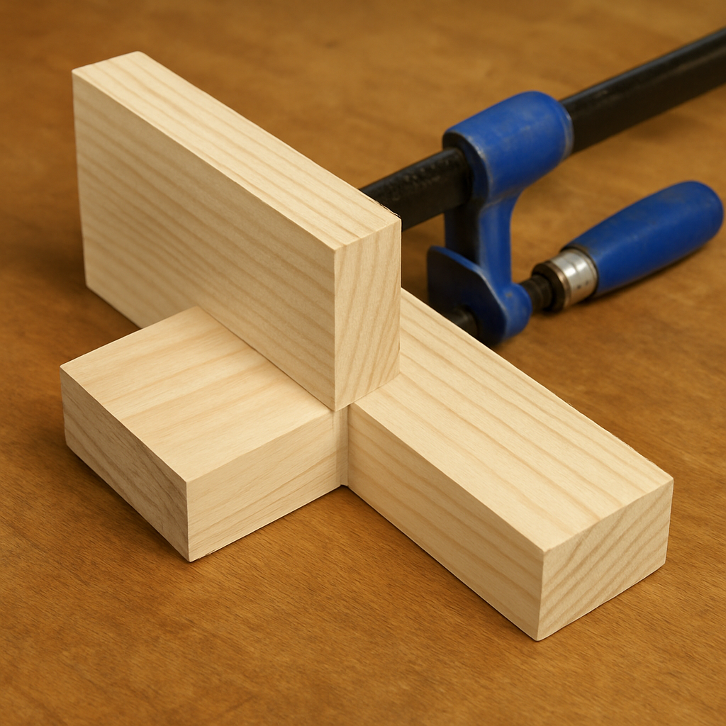 Two pieces of scrap wood clamped together for a glue curing vs drying time test