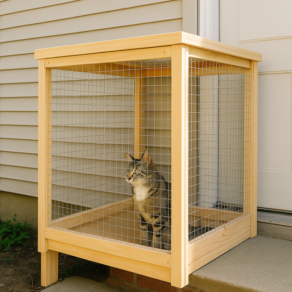 Small DIY catio built from wood and wire mesh attached to a side porch, with a curious cat looking out