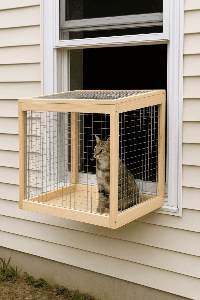 Window-mounted catio box with mesh sides, allowing a cat to sit outside safely and enjoy fresh air.