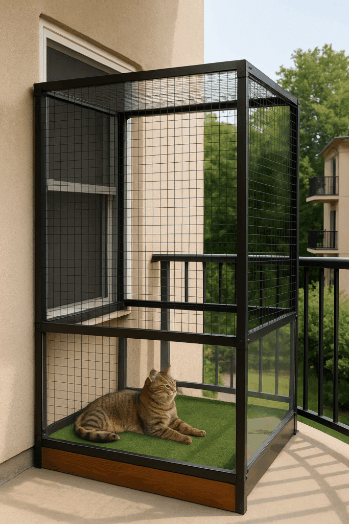 Balcony catio with mesh panels and clear acrylic sides, providing a safe outdoor space for a cat on an upper floor