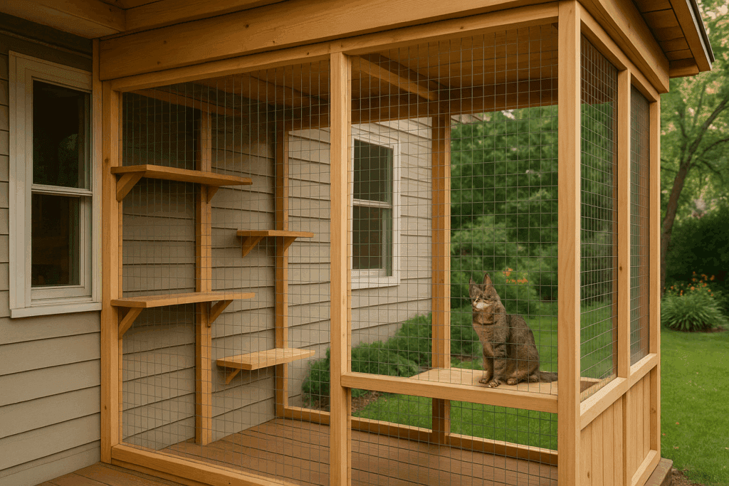 Screened-in porch catio with wood framing and elevated shelves, overlooking a garden