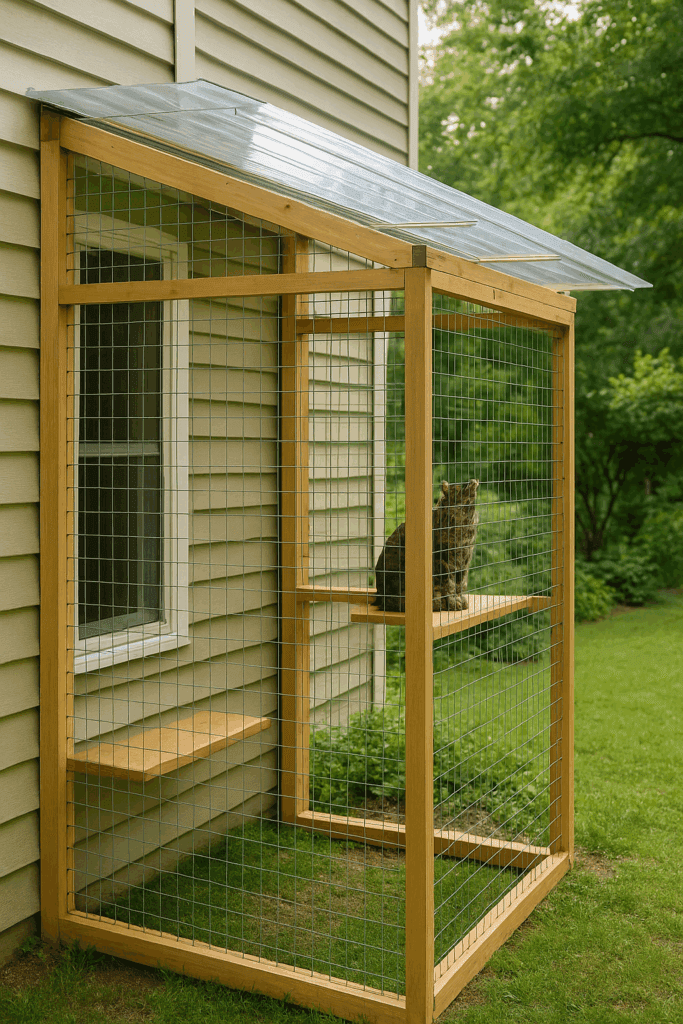 Outdoor catio with clear polycarbonate roofing to provide shade and rain protection while letting in sunlight