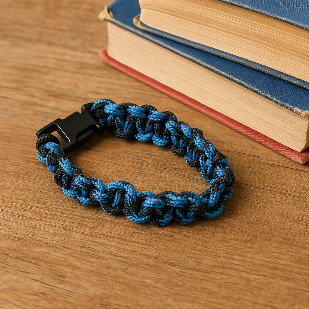 Messy, uneven paracord bracelet with wavy knots, sitting on a desk beside old textbooks