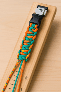 Close-up of a finished paracord bracelet jig holding a half-completed cobra weave bracelet with colorful paracord.