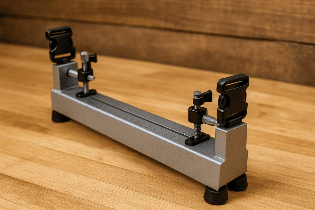 Heavy-duty metal paracord bracelet jig with clamps and rubber feet on a workbench