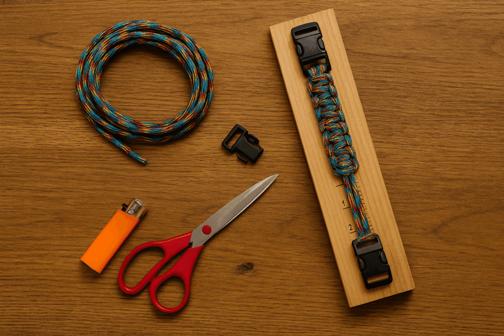 Flat lay of paracord, jig, side-release buckle, scissors, and lighter on a wooden table.