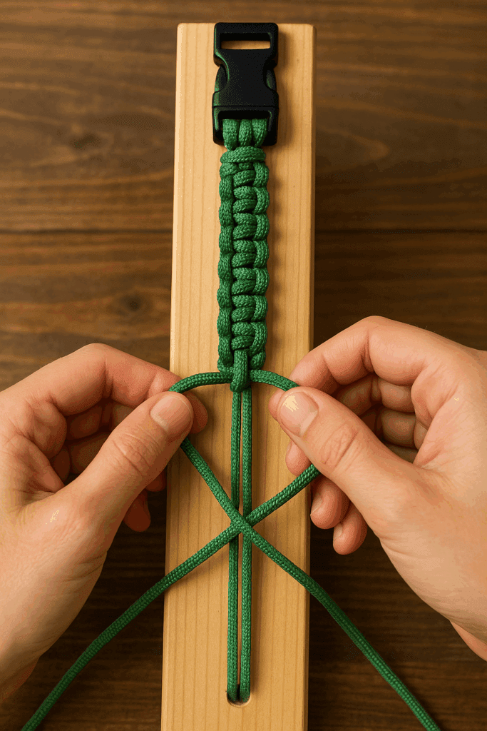Hands knotting a cobra weave on a jig, showing neat alignment