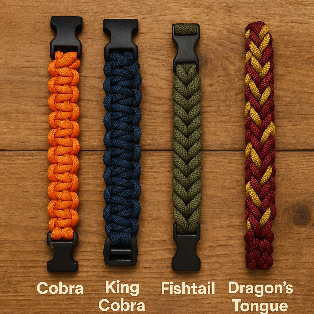 Four paracord bracelets in cobra, king cobra, fishtail, and dragon’s tongue weaves