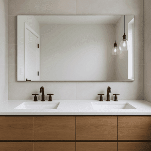 Modern bathroom with a large frameless floating mirror above a double vanity and matte black faucet