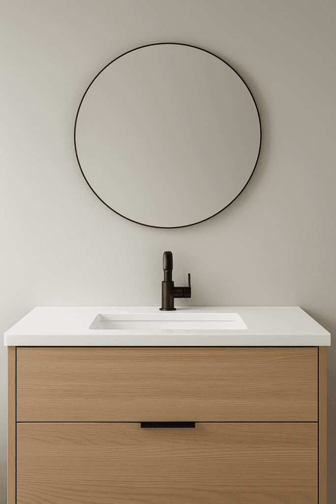 Floating mirror centered above a modern bathroom vanity with white countertop and matte black faucet