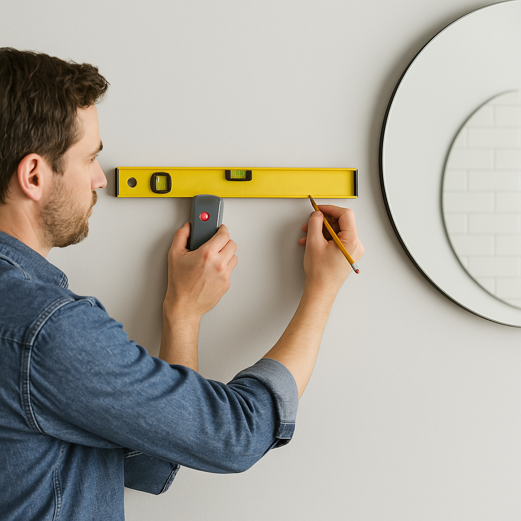 DIYer marking wall studs with a pencil and level before installing a floating mirror.