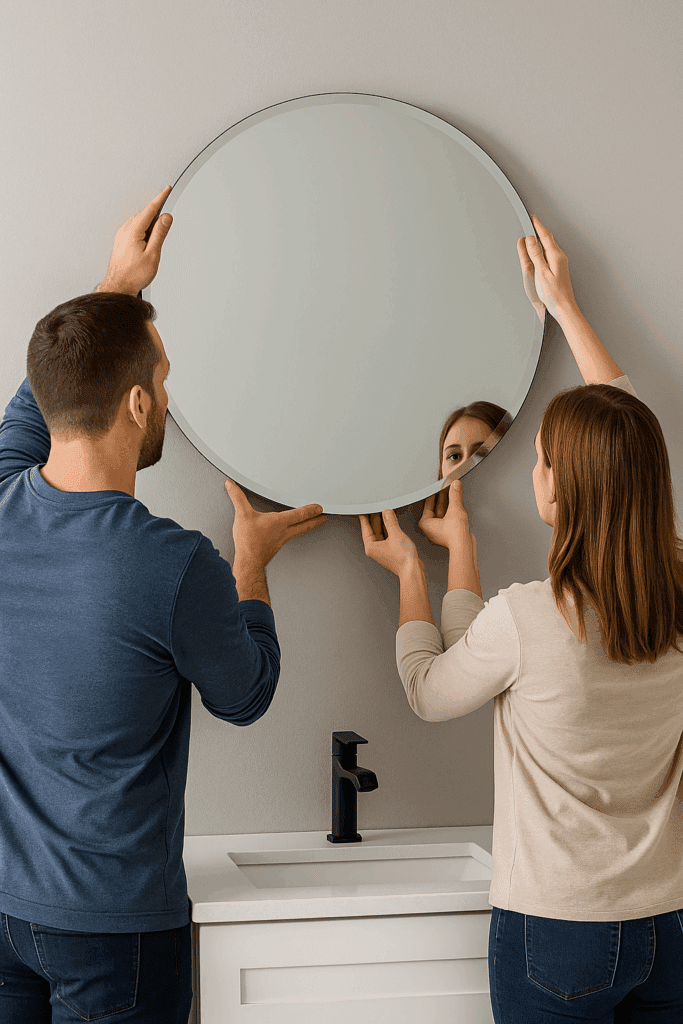 Two people lifting and hanging a large frameless floating mirror onto wall brackets