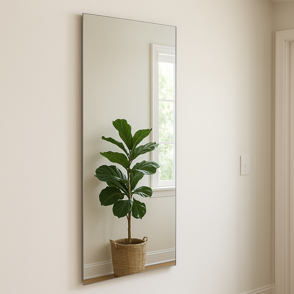 Rectangular floating mirror in a hallway reflecting a potted plant and natural light