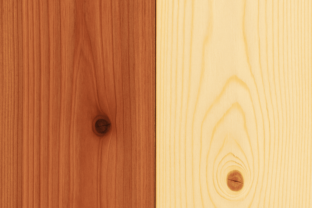 Comparison of redwood and pine boards side by side, highlighting color and grain differences.