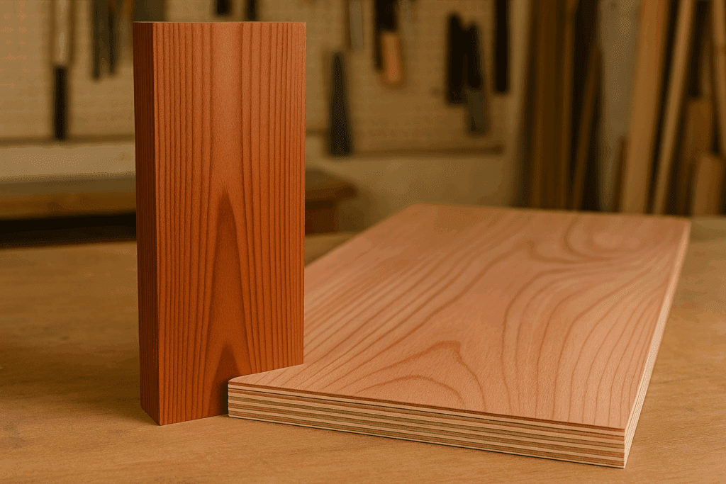 Solid redwood board next to a sheet of redwood-faced plywood in a woodworking shop.