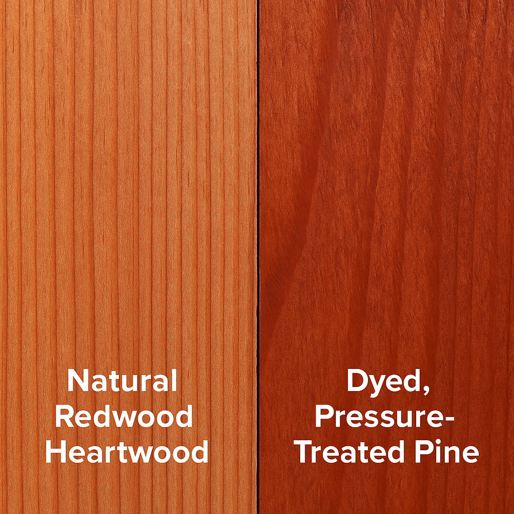 Close-up of natural redwood heartwood compared to dyed, pressure-treated pine.