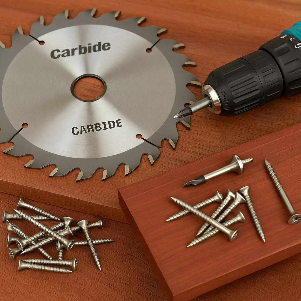 Carbide-tipped saw blade, drill with countersink bit, and stainless steel screws arranged on board