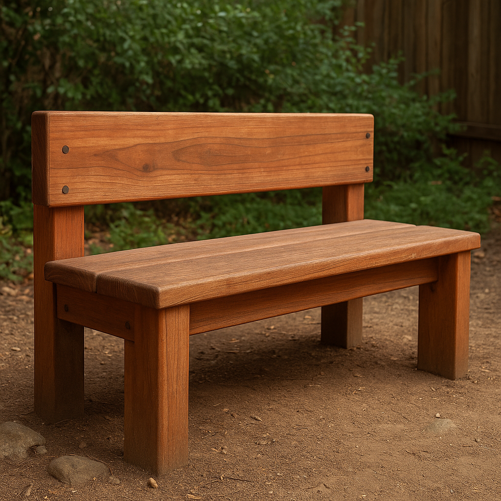 Sturdy outdoor bench made from redwood, aged but well-maintained after years of use