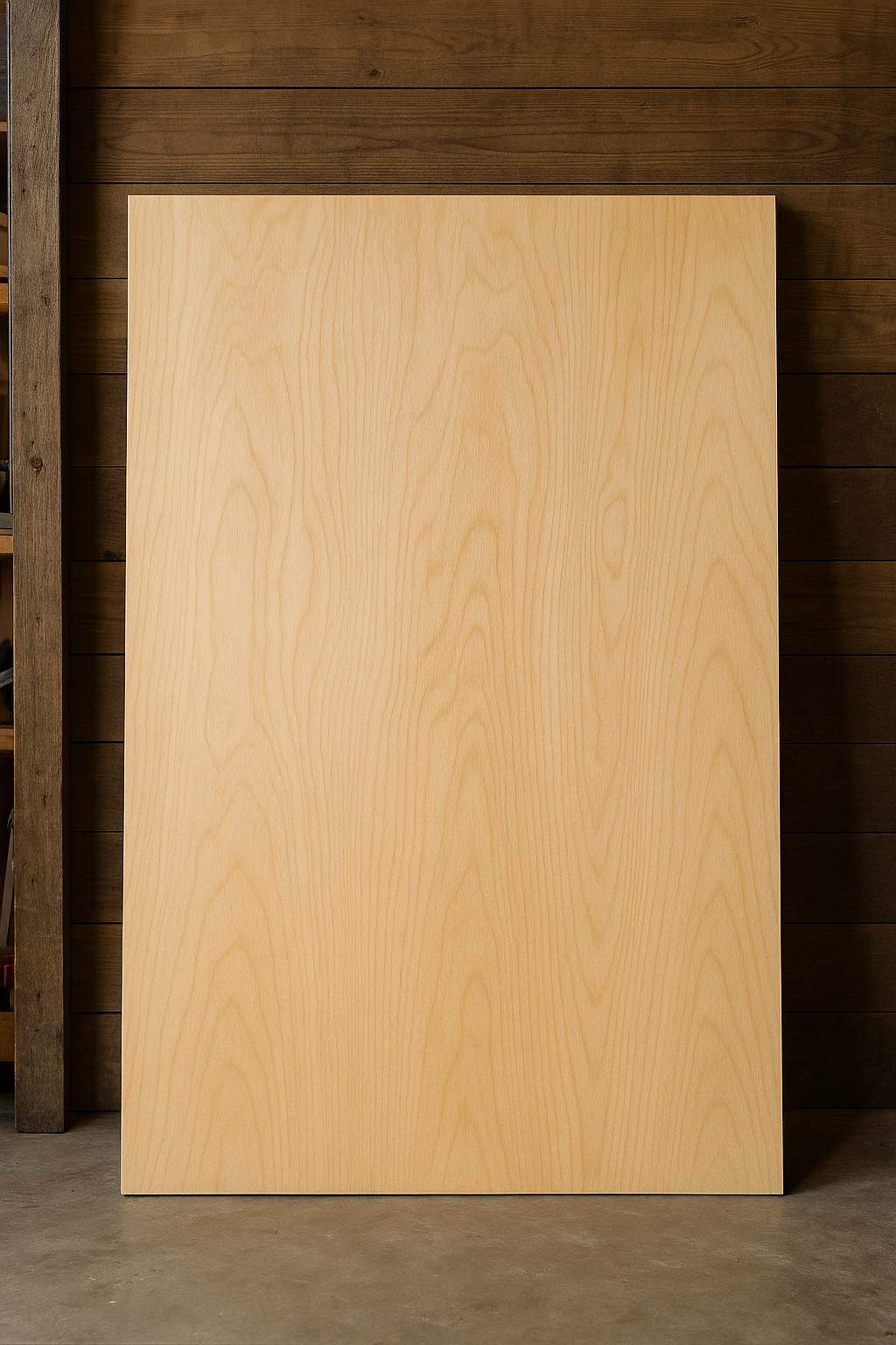 Full sheet of Sande plywood leaning against a workshop wall, showing light color and fine grain
