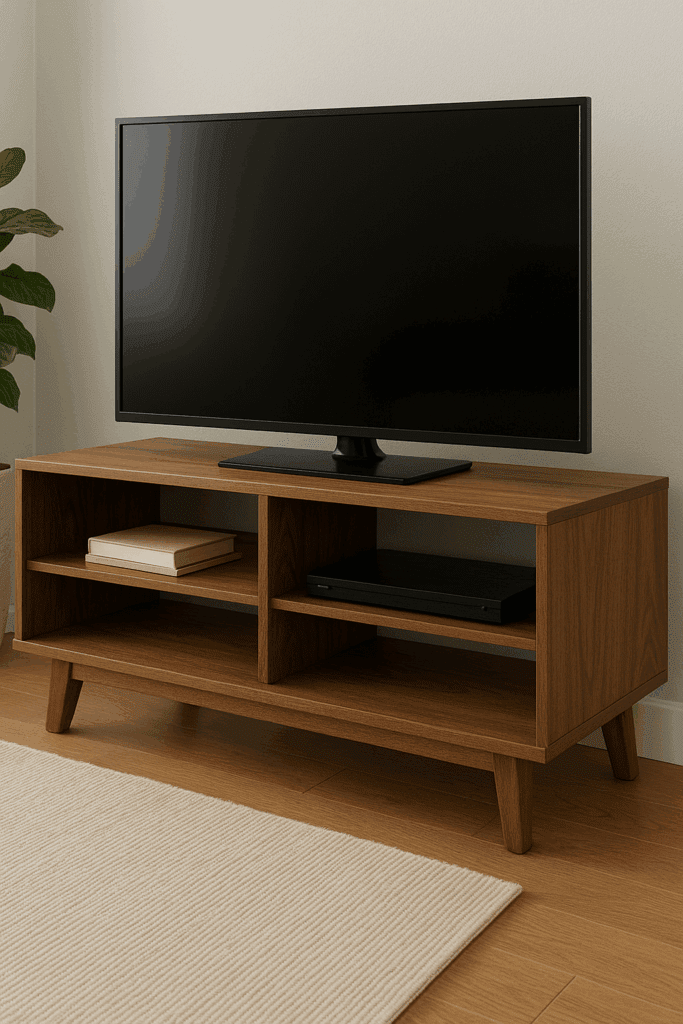 Modern low-profile TV stand made from stained Sande plywood with clean joinery