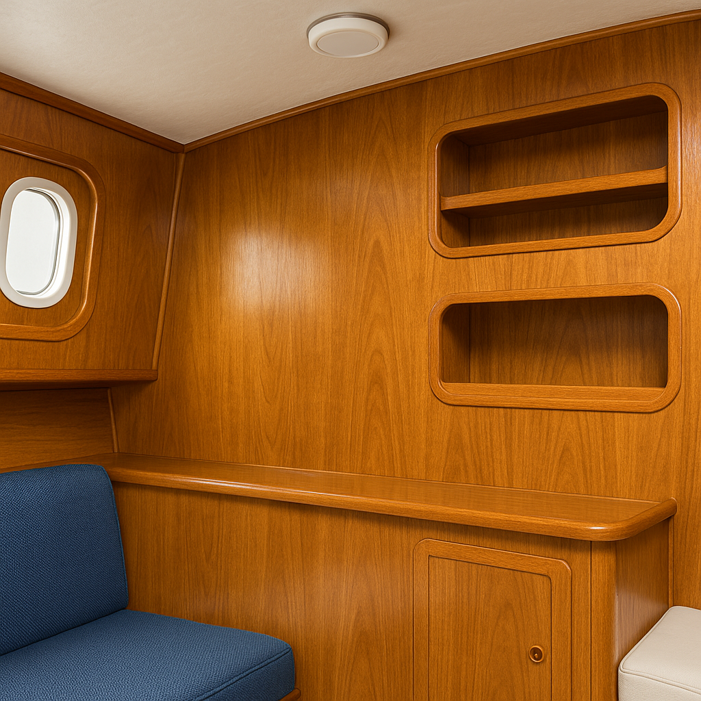 Boat cabin interior paneling made from varnished Sande plywood.