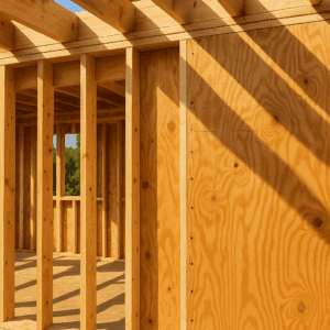 Close-up view of exterior wall framing with plywood sheathing partially installed.