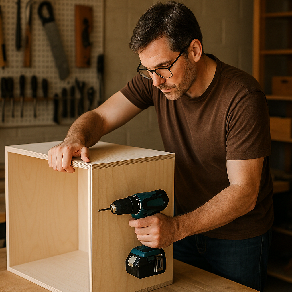 Woodworker assembling a Sande plywood cabinet in a home workshop