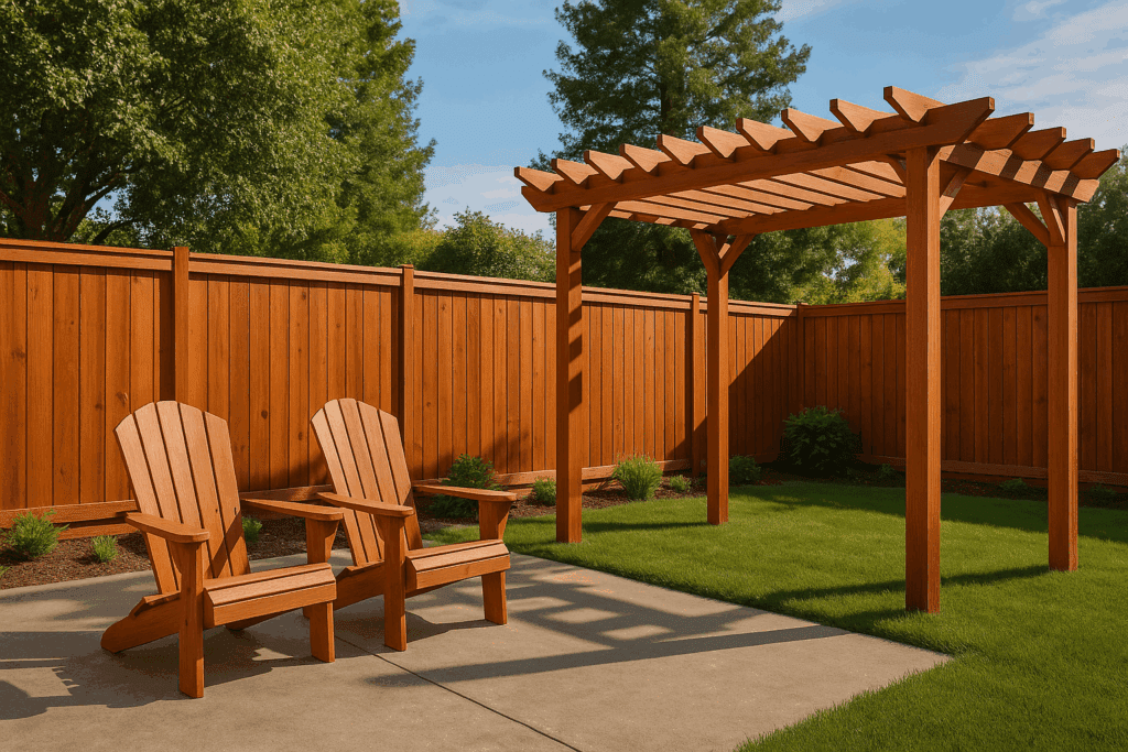 Backyard pergola, fence, and Adirondack chairs built from redwood, displaying its warm natural color.
