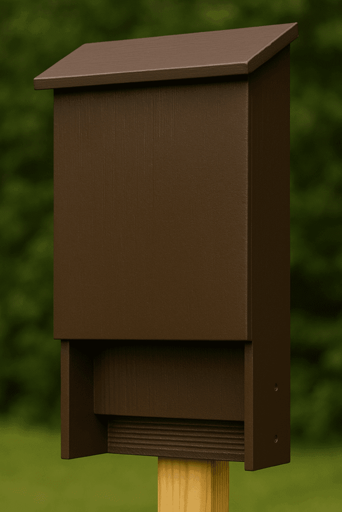 Finished bat house painted dark brown with roof tilted for rain runoff