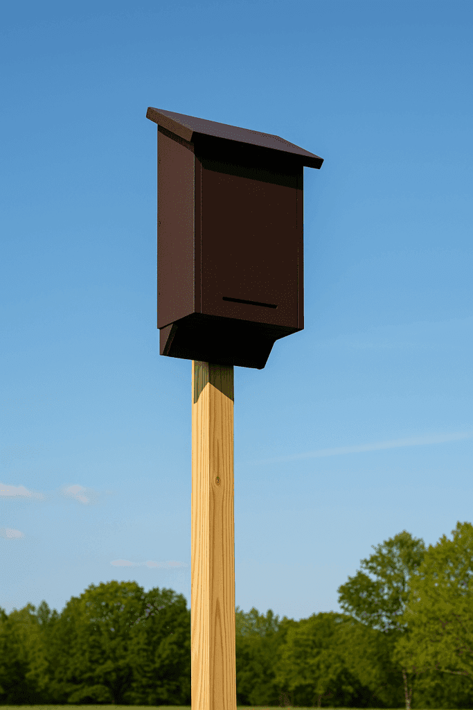 Bat house mounted high on a pole in open sunlight, facing southeast.