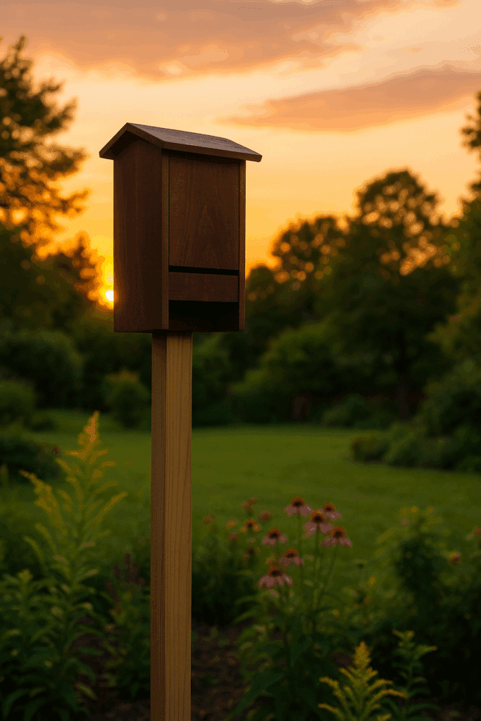 Small wooden bat house mounted on a tall post in a backyard garden at sunset.