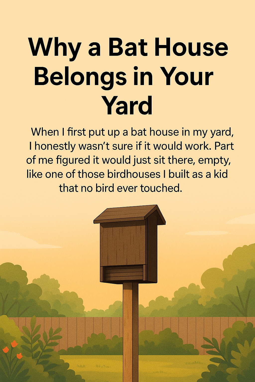 Wooden bat house mounted on a tall post in a backyard garden with trees and sunset sky in the background