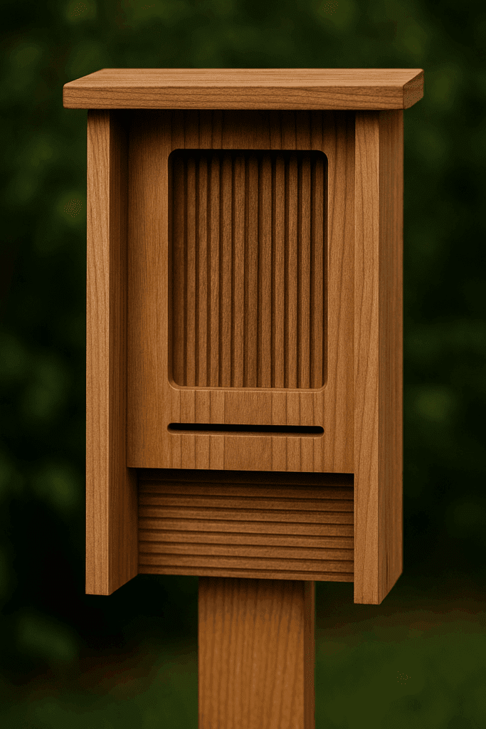 Close-up of a bat house with narrow vertical chambers and grooved interior panels