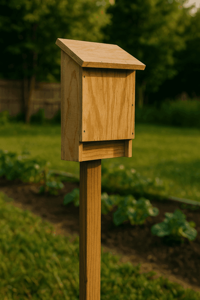 DIY bat house made from plywood, attached to a wooden post near a garden