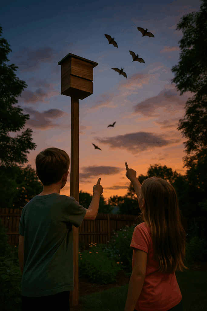 Children pointing at bats flying out of a bat house at dusk