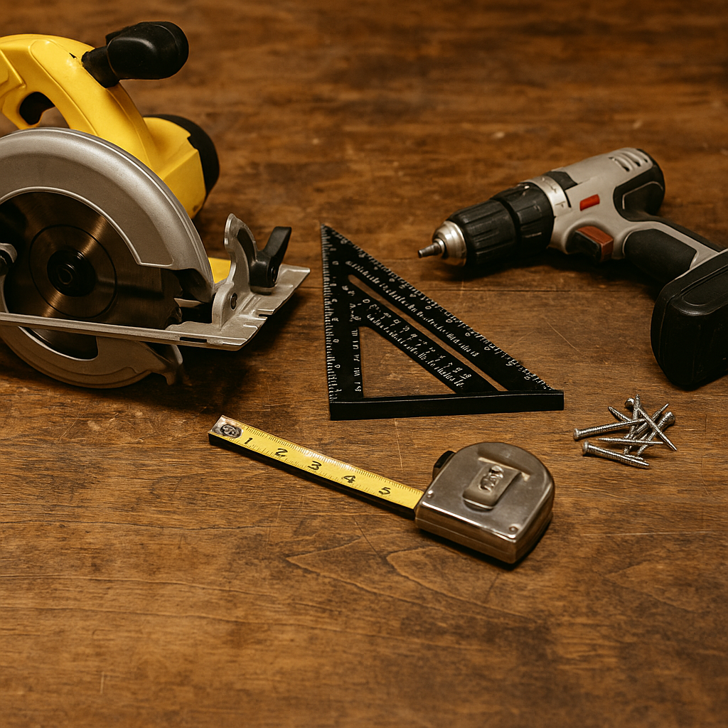 DIY tools laid out on a workbench: circular saw, drill, tape measure, carpenter’s square, and screws.”