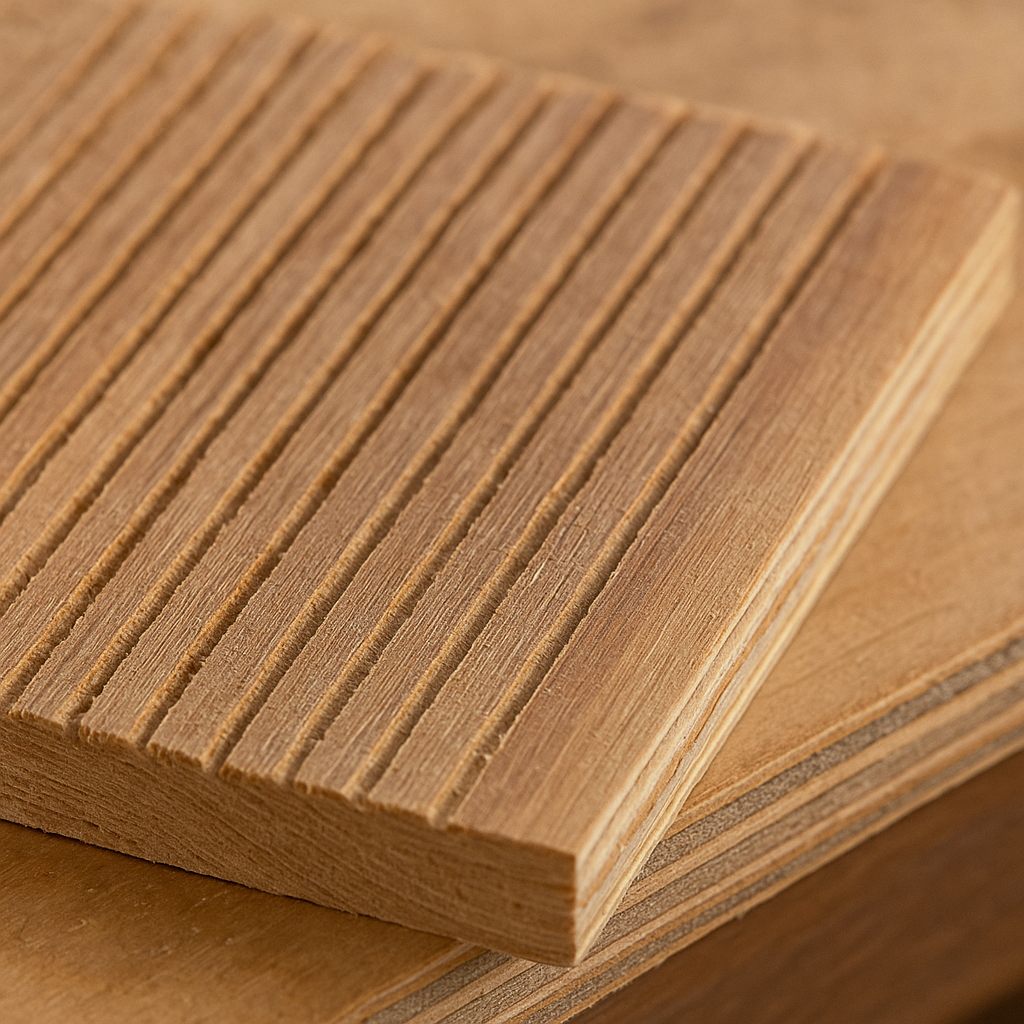 Close-up of interior grooves scored into plywood for bat gripping.