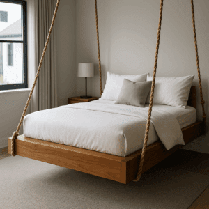 Hanging porch swing bed suspended from thick ropes with cozy pillows and a light blanket.