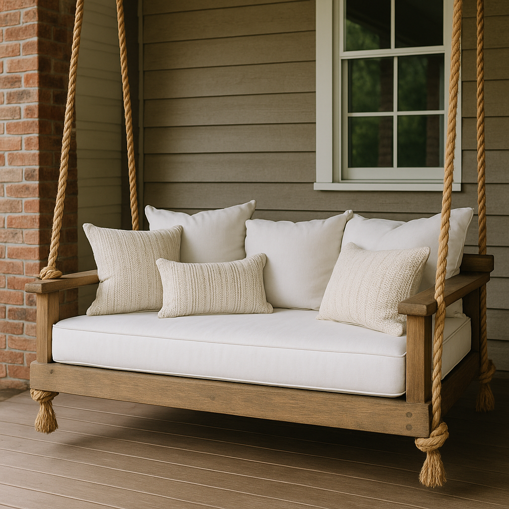 Rustic porch hanging bed with chunky ropes and white cushions.” generate image and tell me where to place it