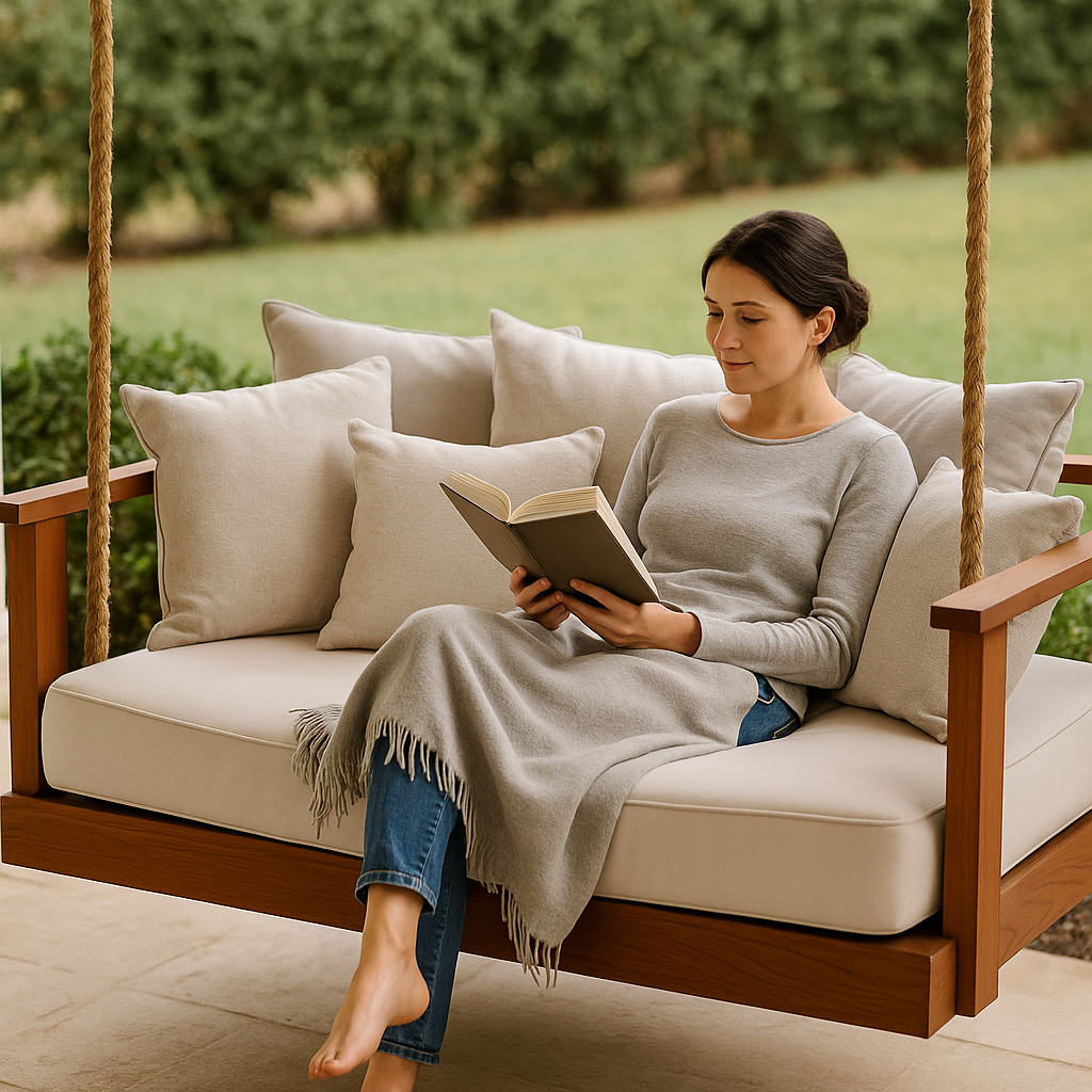 Outdoor hanging bed with cushions, perfect for relaxing with a book.