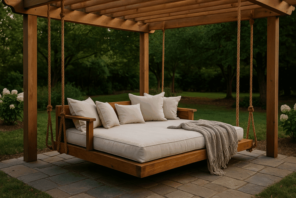 Outdoor garden hanging bed with cushions and blankets under a pergola