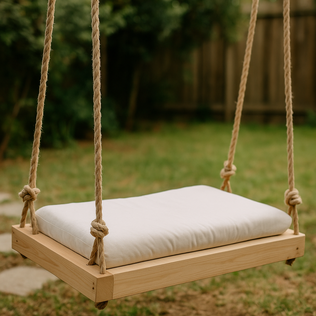 DIY hammock-style hanging bed with rope and a cushion outdoors