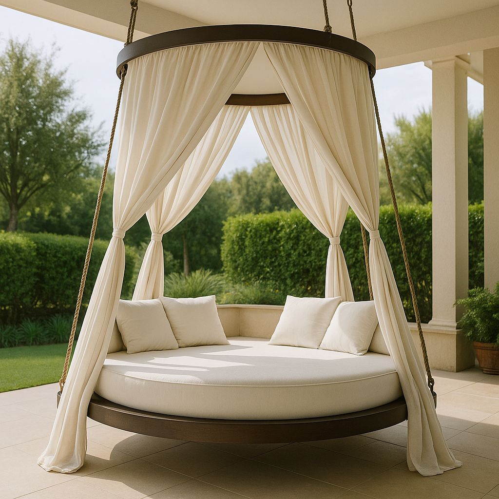 Luxury circular hanging bed with canopy drapes on a patio.