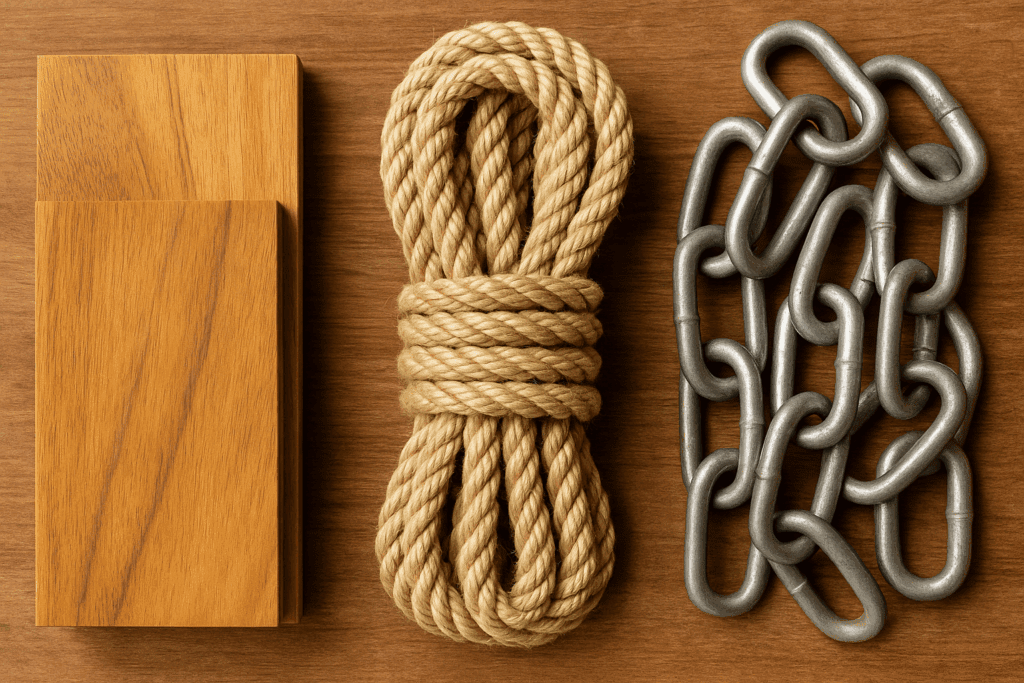 Teak wood planks, marine-grade rope, and steel chains for hanging bed construction.