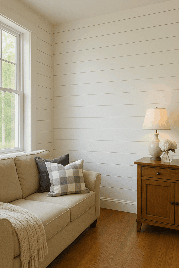 White shiplap wall finish carpentry trim in a cozy farmhouse-style living room