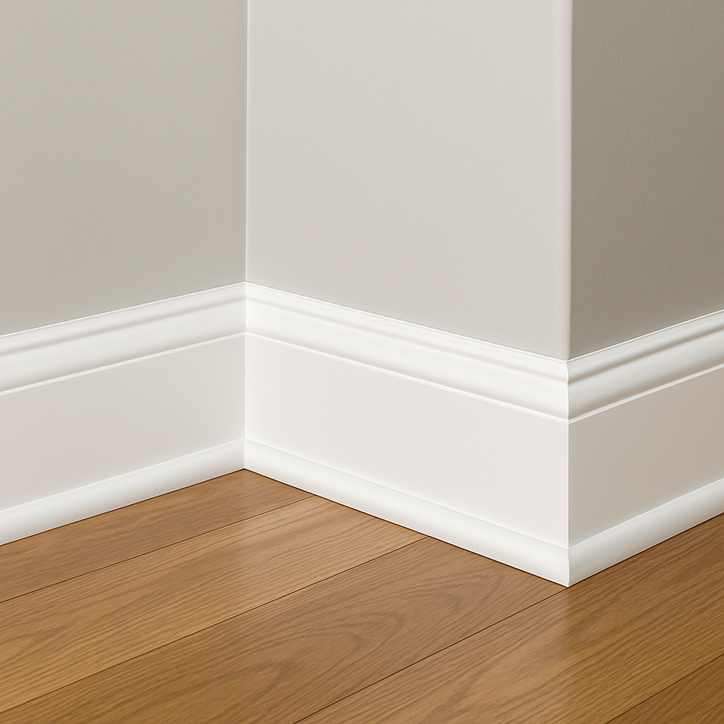 Close-up of a room corner with white baseboards and shoe molding on a light gray wall with hardwood floors.